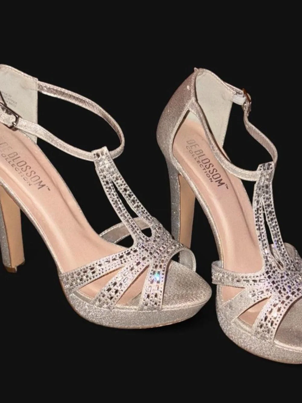 De Blossom Collection Sparkling Rose Gold T-Strap Platform Heels